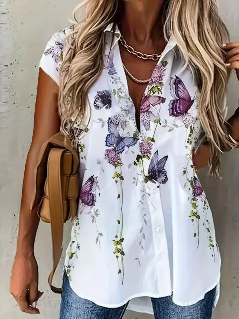 Plus Size 1XL-5XL Women Fashion Spring and Autumn Casual Short Sleeve Buttons Blouse Versatile Butterfly Print Blouse Shirt