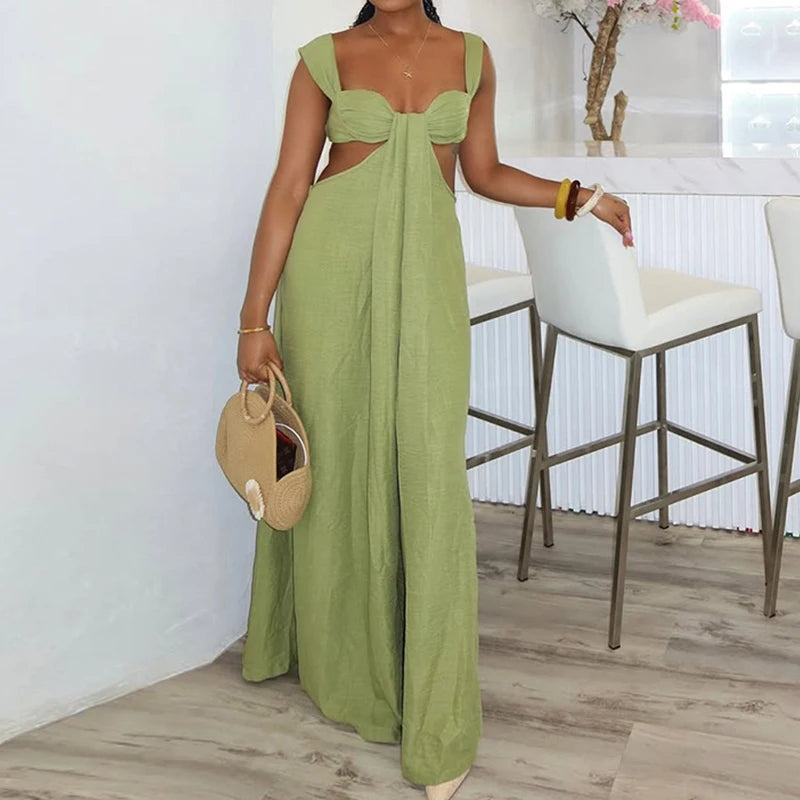 Fashion Hollow Waist Halter Wide Leg Jumpsuits Sexy Tube Top Sleeveless Solid Color Playsuits Lady High Street Commute Rompers