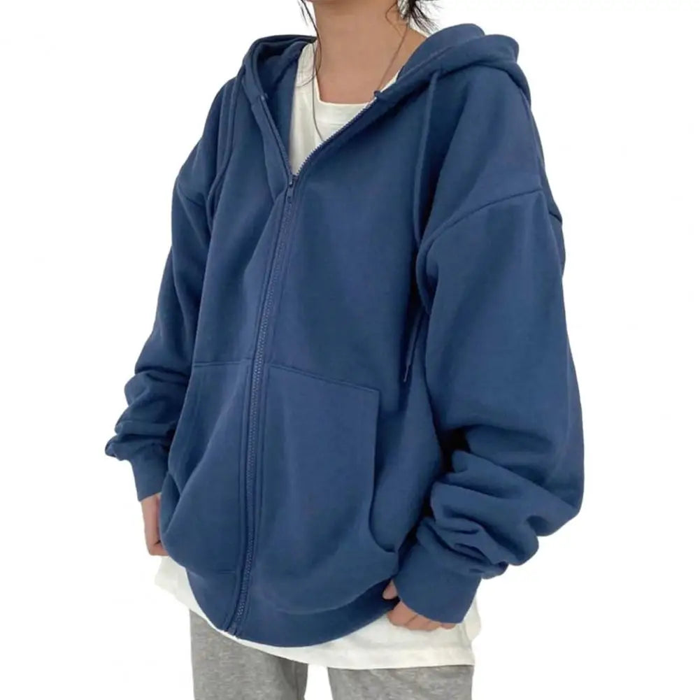 Streetwear Thick Hooded Hoodie Women Vintage Long Sleeve Embroidery Loose Zip Up Hoodies Autumn Couple Sweatshirt Jacket