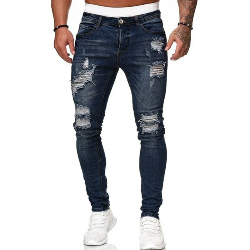 Men Vintage Wash Solid Jeans Fashion Street Style Ripped Skinny Denim Trousers Hip Hop Casual Slim Pencil Denim Pants Hot Sale