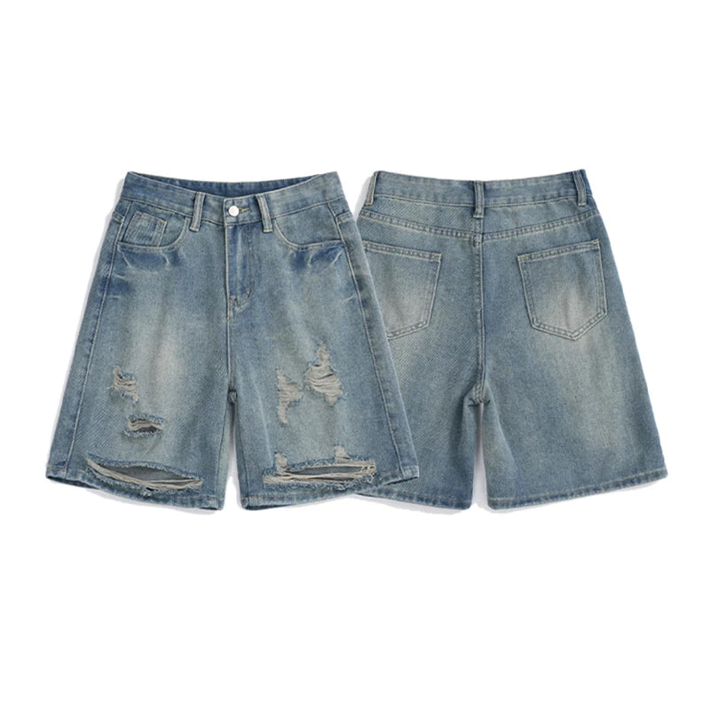 Men Blue Ripped Denim Shorts Summer New American High Street Casual Loose Zipper Pants Fashion Versatile Wide-Leg Trousers