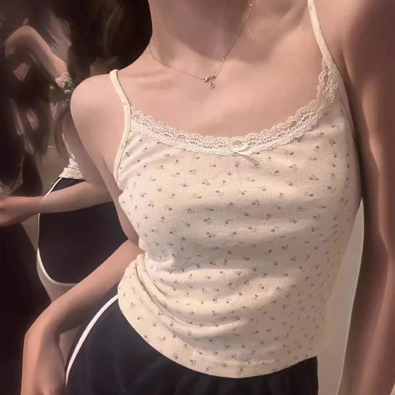 Sexy Sleeveless Camis Women Summer Top Small Print Slim Lace T-shirt Female Floral Shirt Button Shirt Tops For Students Girl