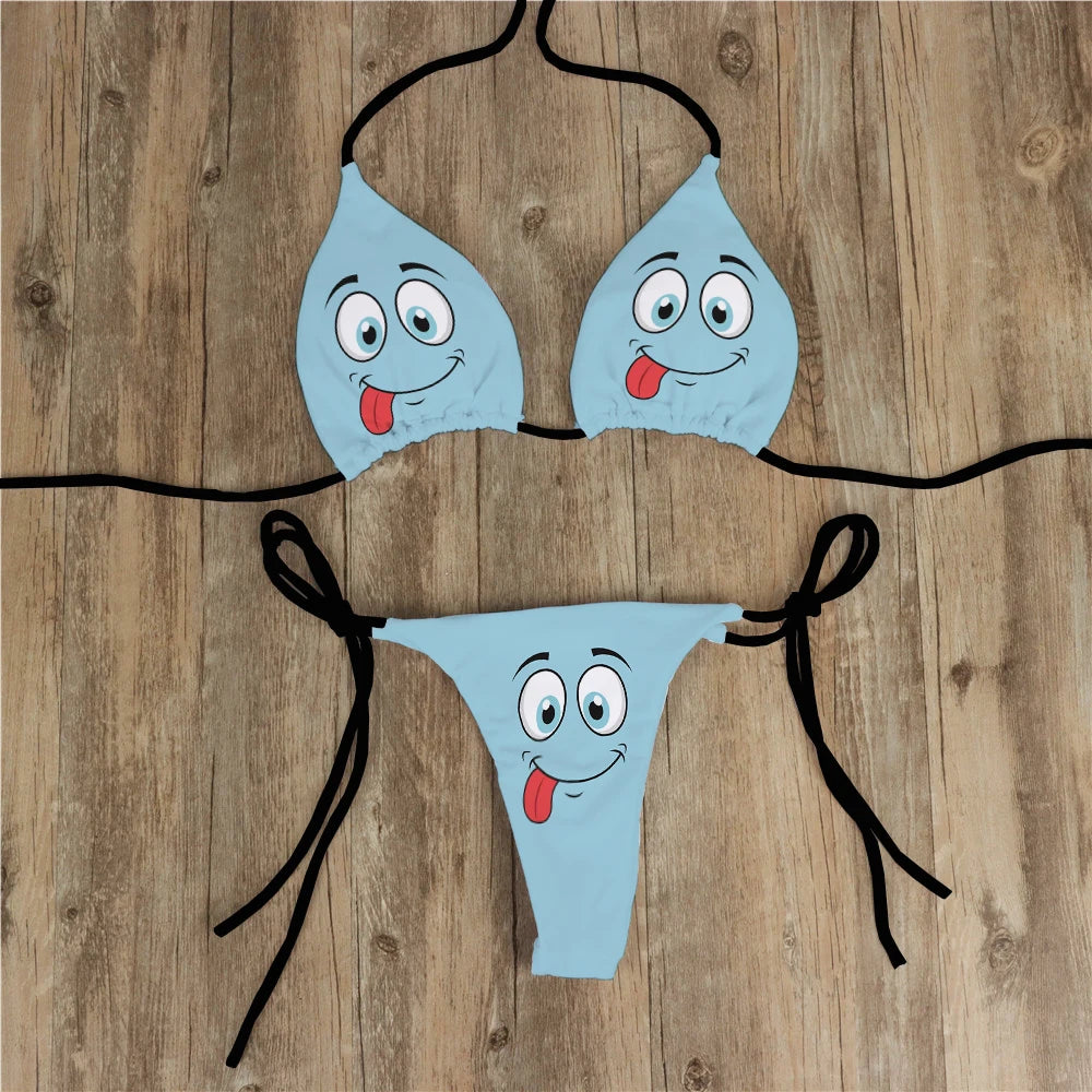 Sexy Bikini Set Yellow Swimsuit Cartoon Print  Fashion Sweet Women's Bra Swimsuit Deep V Summer Beachwear Party Bikini suit