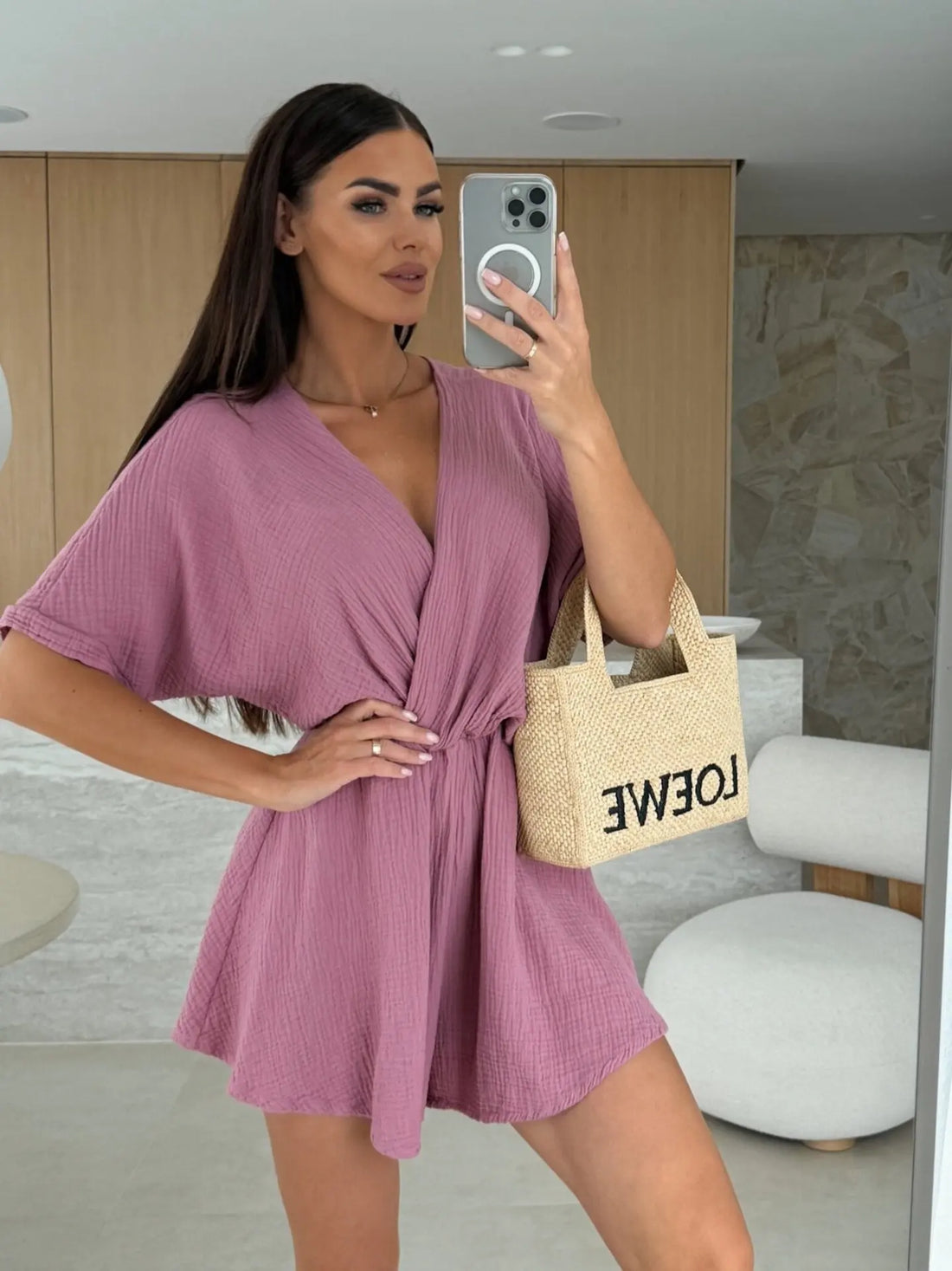 Summer Women's Jumpsuit Short Sleeved V-neck Fashionable Casual Waist Cinched Solid Color Jumpsuit