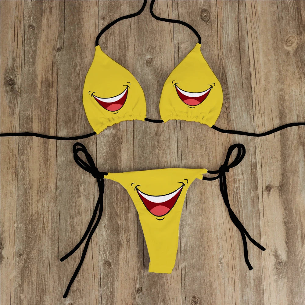 Sexy Bikini Set Yellow Swimsuit Cartoon Print  Fashion Sweet Women's Bra Swimsuit Deep V Summer Beachwear Party Bikini suit