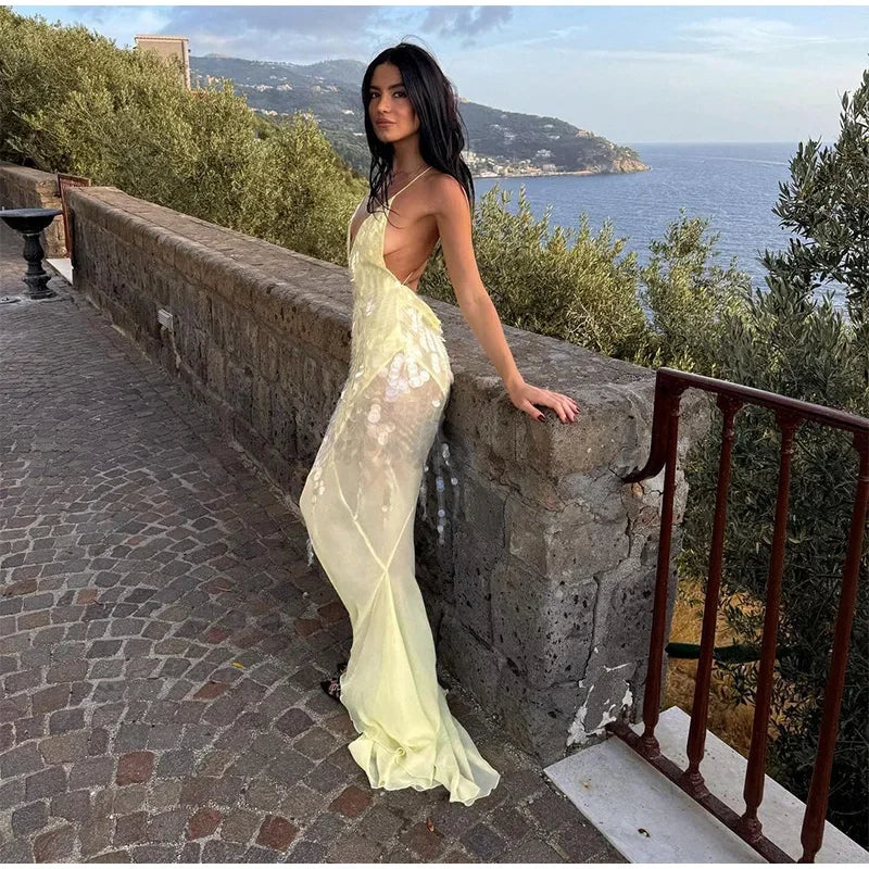 Sexy Sequins Backless Long Mermaid Dress Women Bodycon Halter Neck Sleeveless See Through Party Dresses 2024 Autumn Evening Gown