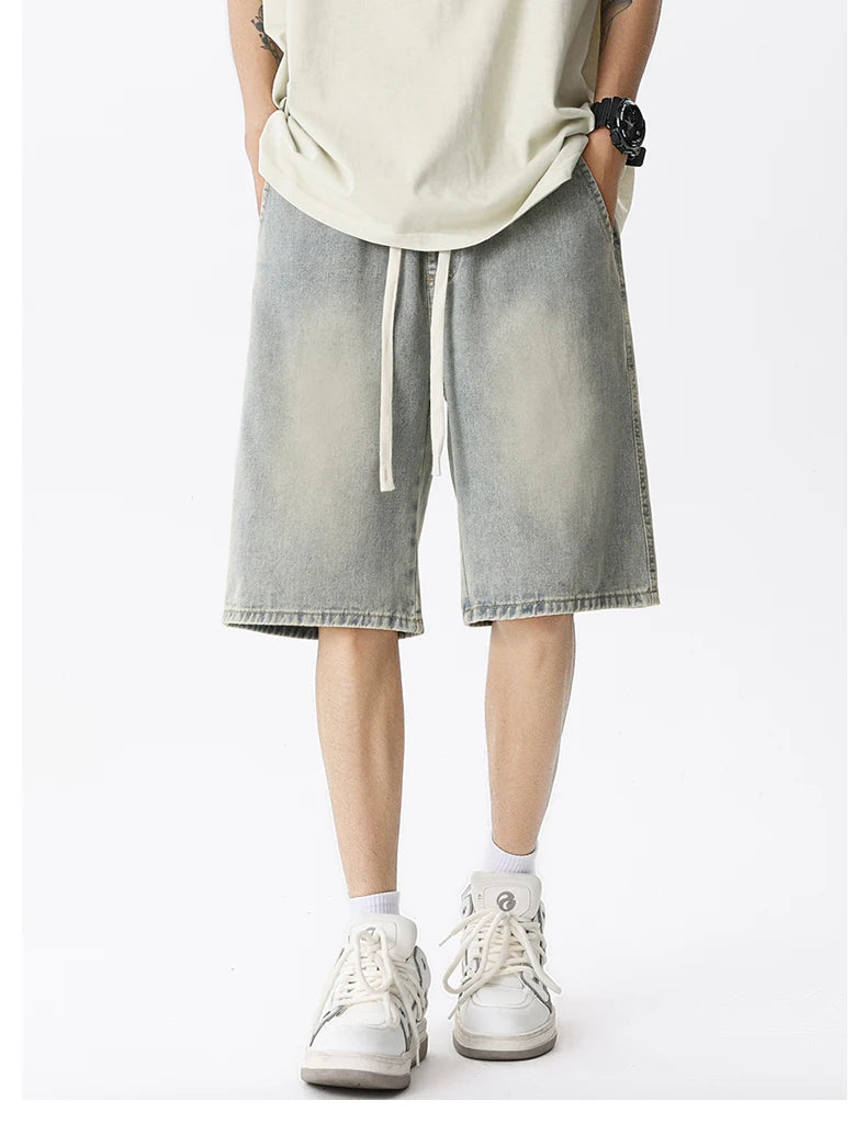 Casual Denim Shorts Men Elastic Waist Straight Comfortable Light Blue Soft Short Pants Baggy Wide Bermuda Male Jeans