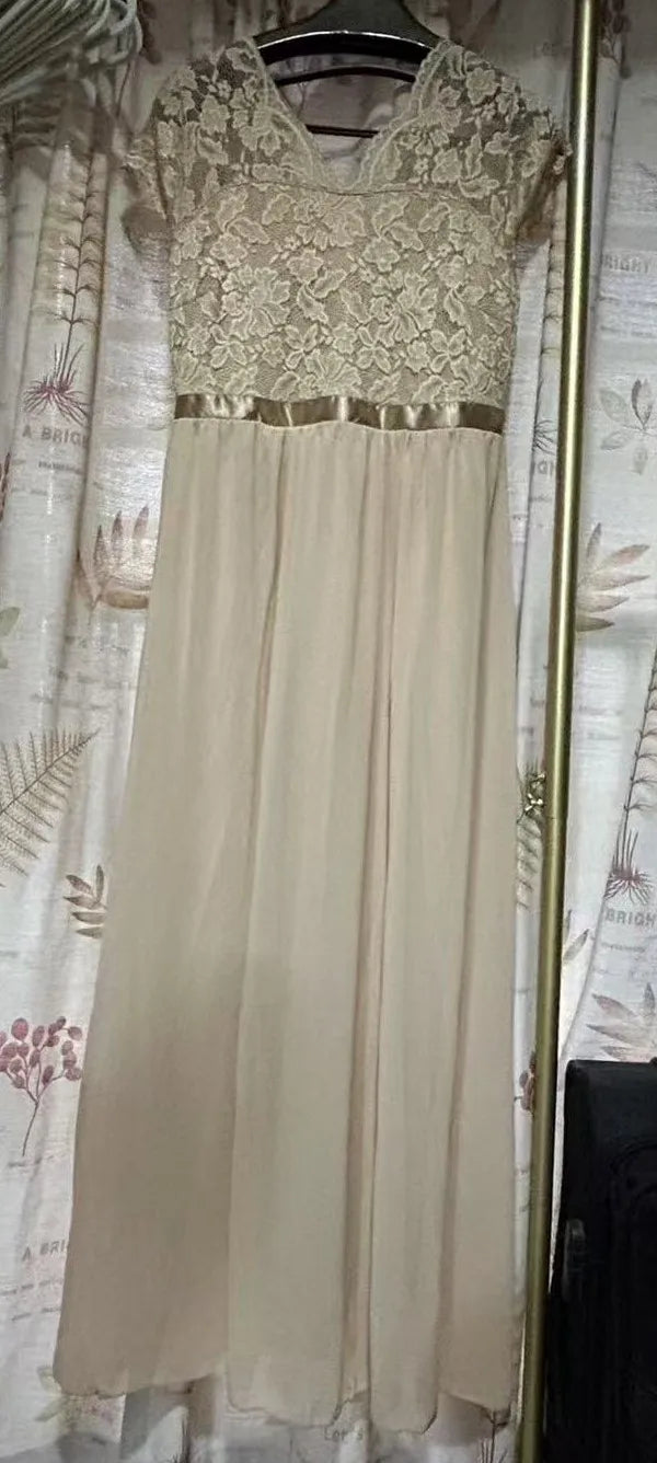 Lace Edge Splicing Chiffon Double V-neck Long Formal Evening Dress