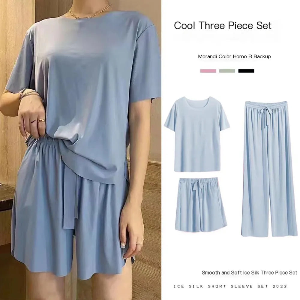 Ice Silk Pyjamas Three-Piece Set Women's Female Home Wear Trousers Simple Leisure Comfortable Loose Short-Sleeved Girl Sleepwear