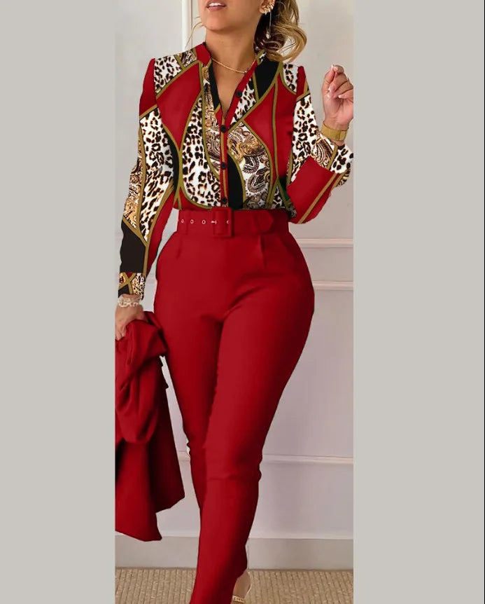 Autumn Winter Stand Neck Floral Print Long Sleeve Shirt Pants Two Piece Sets Elegant Women Casual Shirt Trousers Suits With Belt