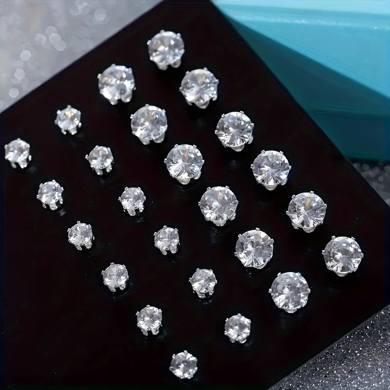 Simple, Elegant and Fashionable 48 Piece Zircon Earring Set, Women's Shiny Round and Square Cut, Stainless Steel Earrings