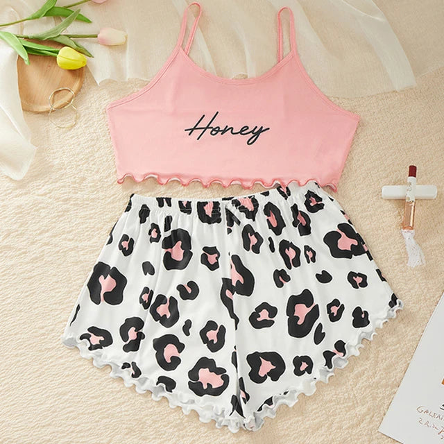Women Sleepwear Cute Cartoon Print Short Set Pajamas Summer Sweet Sleeveless Pyjamas V-Neck Top & Shorts Homewear Animal Pijama