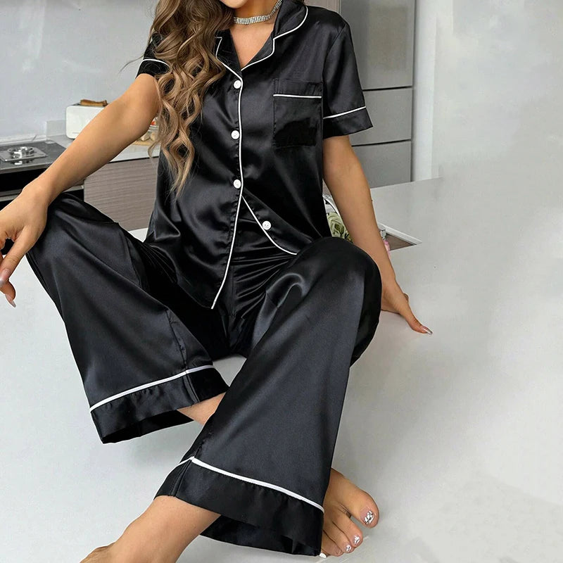 Satin Pajama For Women Home Clothes Pajamas Autumn Short Sleeve Turn-down Collar Tops & Pants Sleepwear 2 Piece Set Pyjama Femme