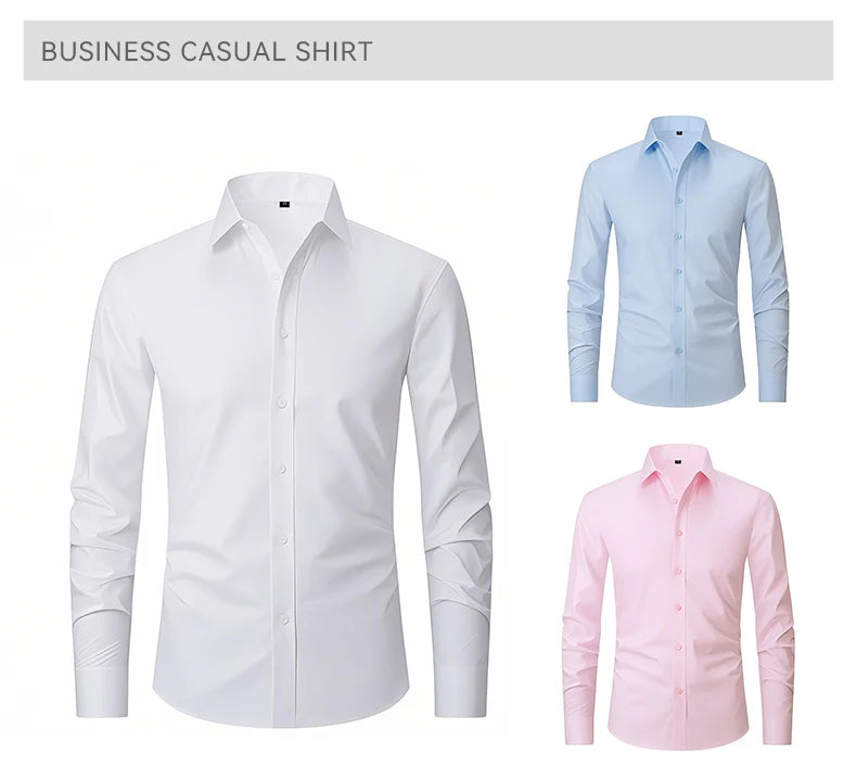 Hot New Mens Formal Shirts Long Sleeve Solid Color Anti-Wrinkle Stretch Fashion Business Free Slim Fit Office Social White Shirt