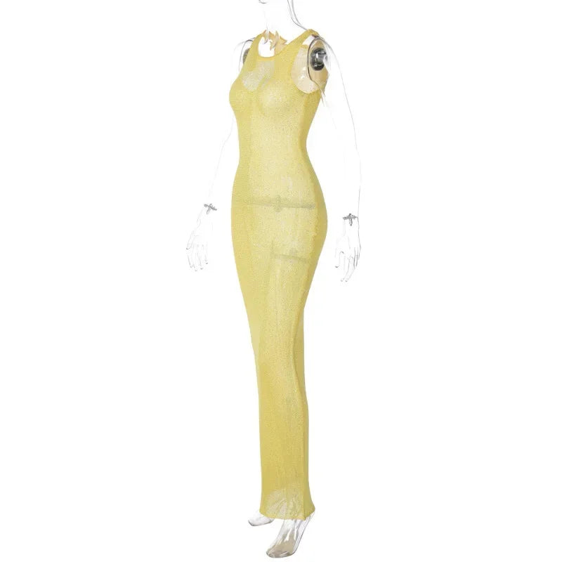 Summer Spliced See-through Long Dress Women Casual Sleeveless Vest Long Dress Solid Color Sequined Slim Party Dress 2024 New
