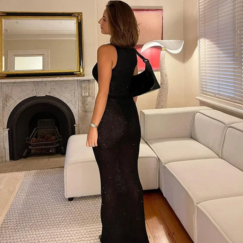 Summer Spliced See-through Long Dress Women Casual Sleeveless Vest Long Dress Solid Color Sequined Slim Party Dress 2024 New