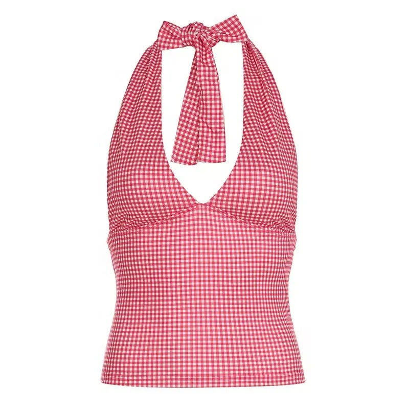 Women Sexy Halter Deep V Neck Top Slim Fit Backless Crop Tank Top Y2k Polka Dot Open Back Sleeveless Cami Tops