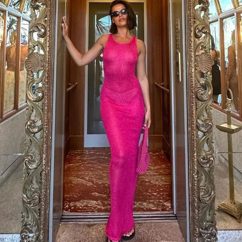 Summer Spliced See-through Long Dress Women Casual Sleeveless Vest Long Dress Solid Color Sequined Slim Party Dress 2024 New