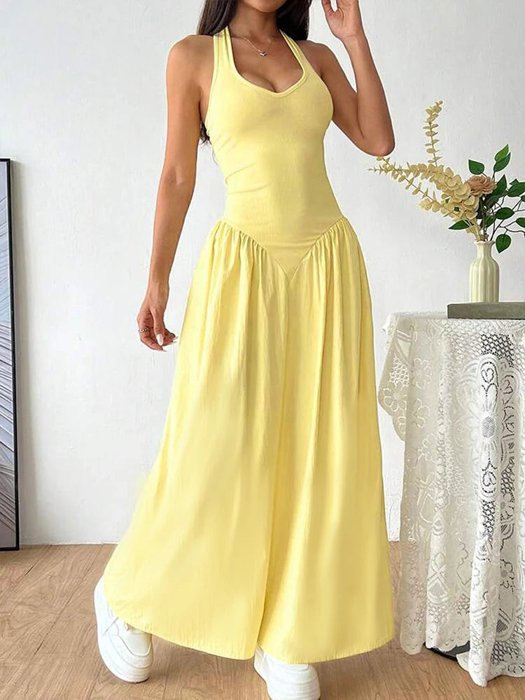 Women's Maxi Dresses New Summer Solid Sexy Backless V-neck Dress Streetwear Fashion Female Casual Slim Halter Dresses Clothing