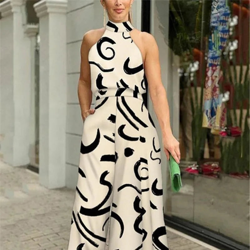 Women's New Fashion Round-neck Sexy Printed Jumpsuit Trousers Simple Sleeveless High Waist Tie Temperament Commuting Jumpsuit