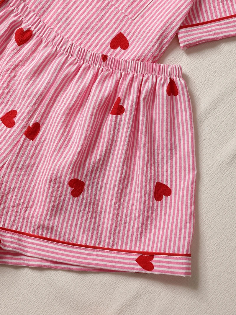 Stylish Women's Pink Heart Print Pajama Set Short Sleeve Lapel Top And Comfy Elastic Shorts Suit For Summer Loungewear Homewear