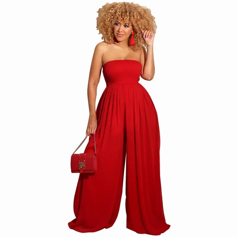 Women Strapless Sleeveless Long Loose Wide Leg Pants Overall Jumpsuits High Waist Solid Color Full Length Pants