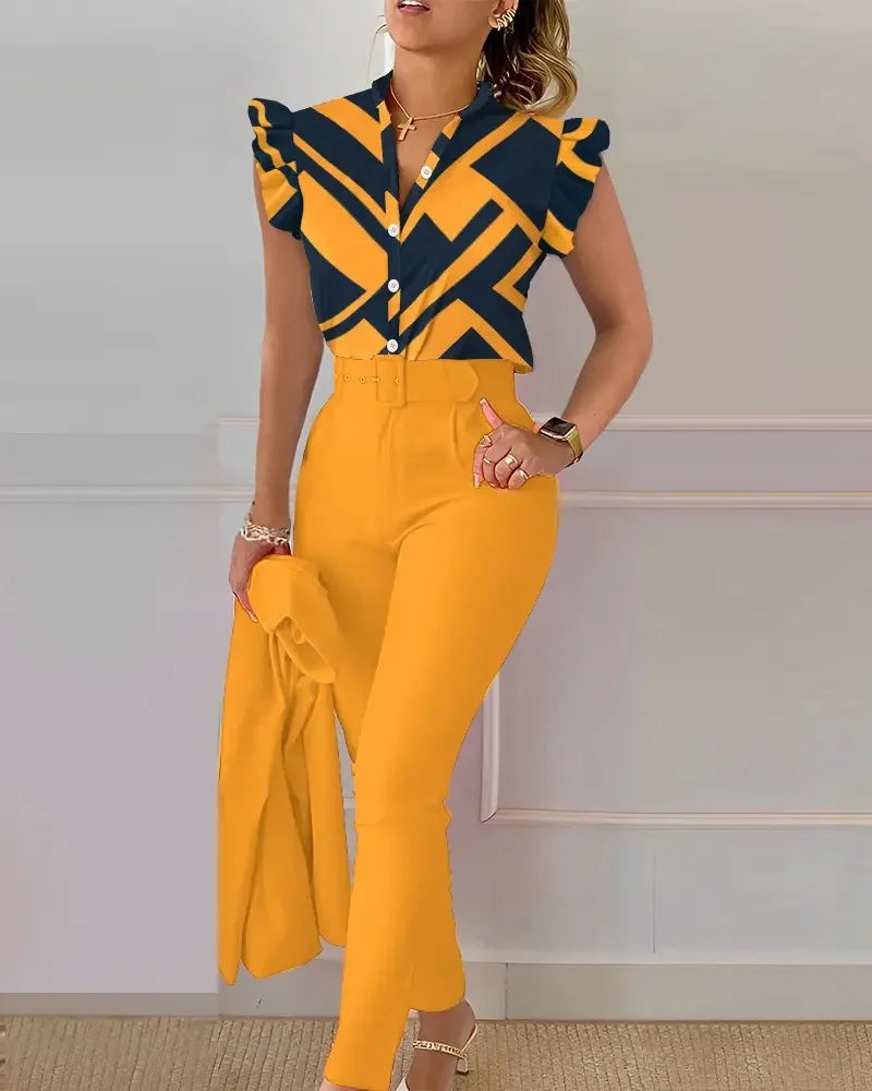 Spring Summer Women's New Printed Lotus Leaf Sleeveless Shirt Suit Elegant Slim Femal Office  Long Pants Belt Two Piece Set 2025