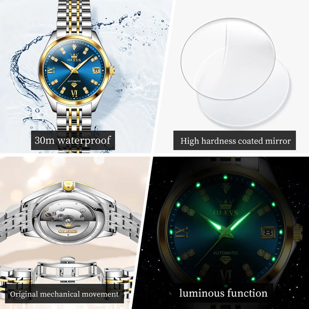 OLEVS 9801 Womens Watch Luxury Fashion Waterproof  Automatic Mechanical Watch Stainless Steel Diamond Date Ladies Watch Set