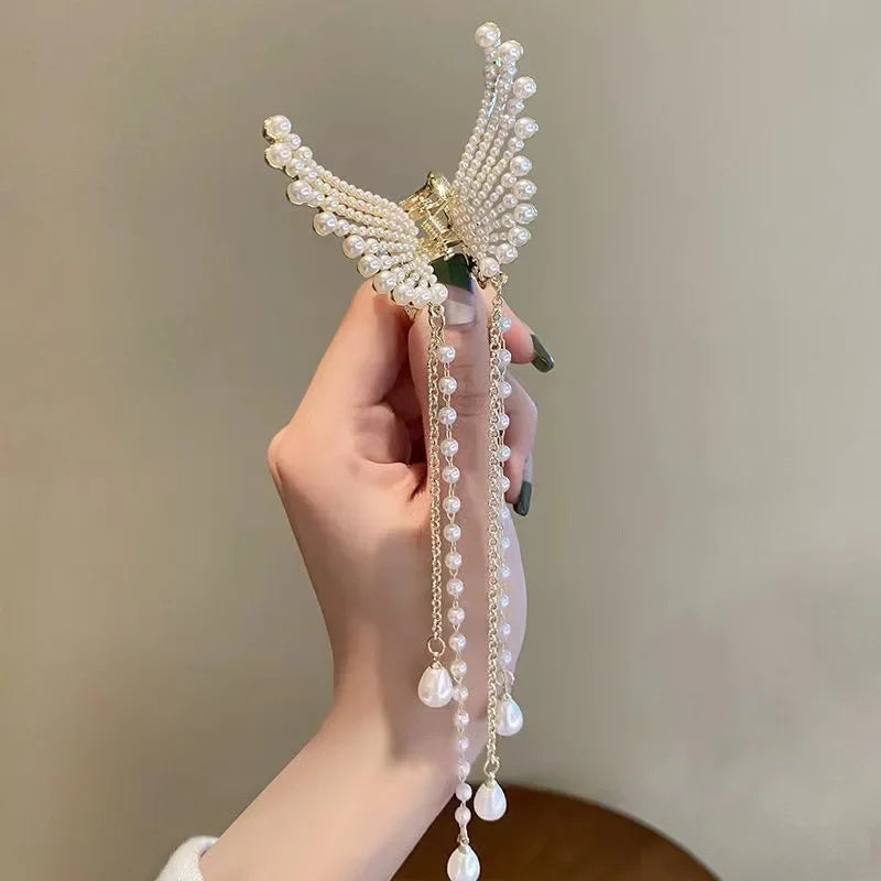 New Exquisite Rhinestone Butterfly Fringe Hair Claw Clips Korean Ponytail Braid Pearl Hairpin Girl Crab Metal Headdress Gift