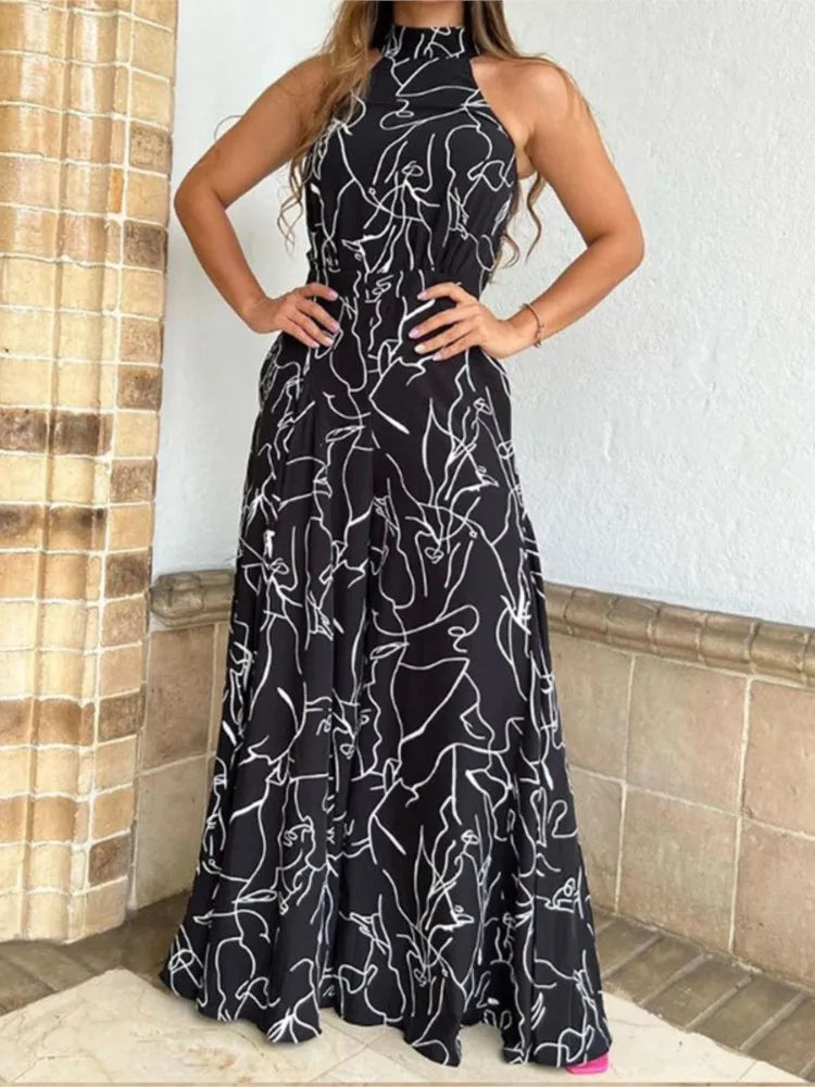 Women's New Fashion Round-neck Sexy Printed Jumpsuit Trousers Simple Sleeveless High Waist Tie Temperament Commuting Jumpsuit