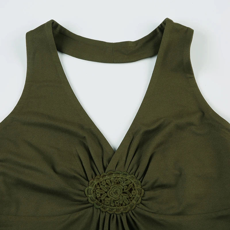 Darlingaga Vintage Embroidered Sticker Cross Halter Backless Camis Women's Fashion Summer A-Line Basic Solid Top Y2K Aesthetics