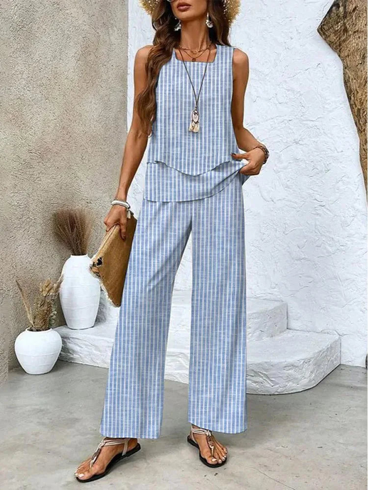 Elegant Square Collar Top Wide Leg Pants Two-piece Set 2025 New Women's Sleeveless Double-layer Vest Pants Set Woman Rompers