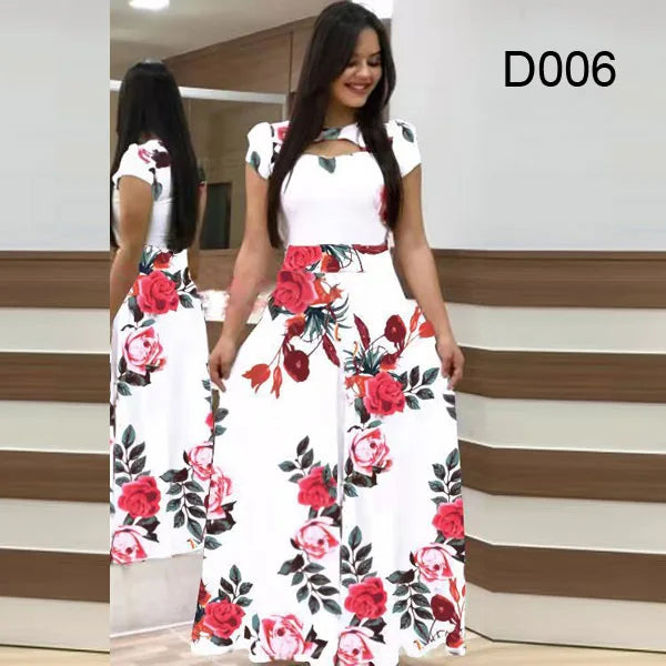 Elegant Spring Women's Dress Casual Fashion Floral Print Short Sleeve Super Long Dress 2023 New Fashion Hollow Out Long Dresses