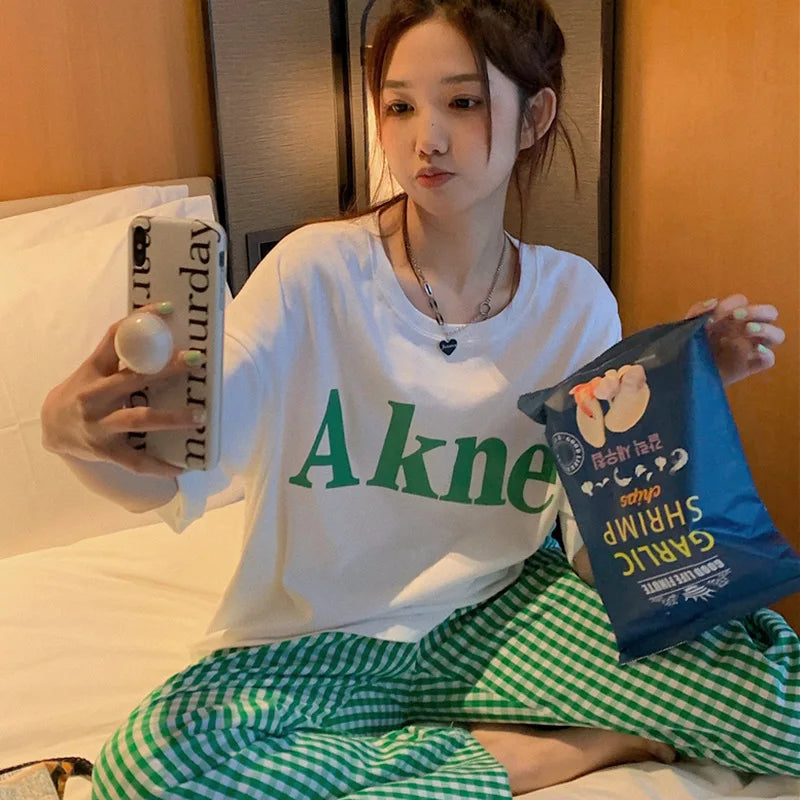 Women's Summer New Pajamas Loungewear Set Women's Short Sleeve Loose Loungewear Can Be Worn Outside Japanese Casual Plaid Suit
