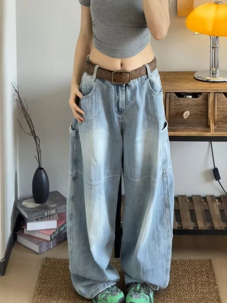 American Retro Cleanfit Print Baggy Jeans Women Y2K Pocket Loose Wide Leg Jeans Cargo Pants Korean Trend Denim Pants Streetwear