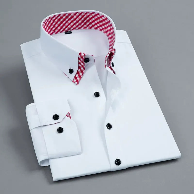 Mens Dress Shirt Long Sleeve Non Iron Fashion Double Layer Business Formal Regular Fit Office Camisa Social Shirts Drop Shipping