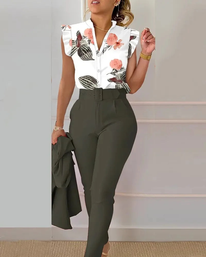 Spring Summer Women's New Printed Lotus Leaf Sleeveless Shirt Suit Elegant Slim Femal Office  Long Pants Belt Two Piece Set 2025