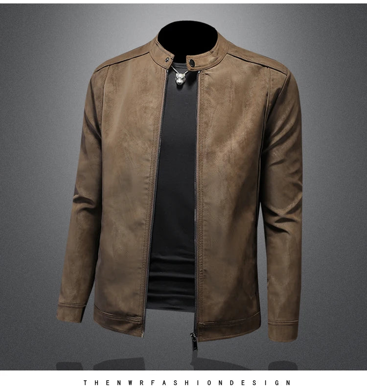2025 new high-quality slim fit leather jacket, men's casual stand up collar motorcycle leather jacket,