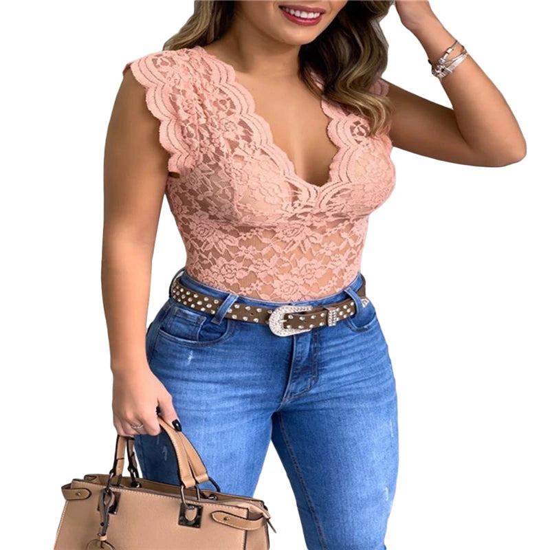 Summer Sexy V Neck Lace Vest Top Women Solid Sleeveless Tank Tops Female Elegant Floral Hollow Out Bodycon Clubwear T Shirt