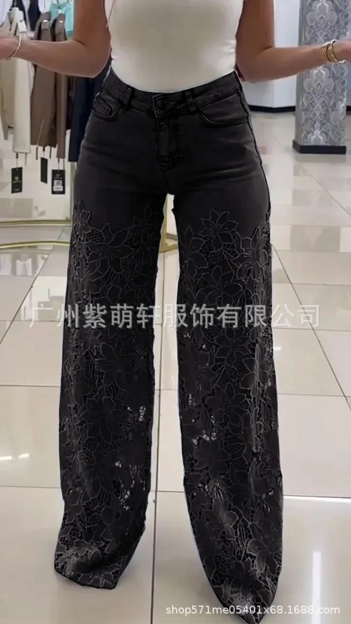 Women's Spring Summer Fashion Hollow Out Lace Splicing Denim Drape Pants Full Length Trousers