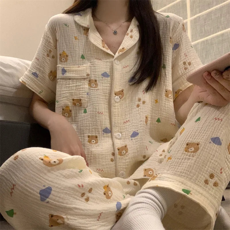 Summer Women's New Net Red Foam Pajamas Loungewear Teenage Students Pajamas Loungewear Short Sleeve Trousers Sweet Casual Set