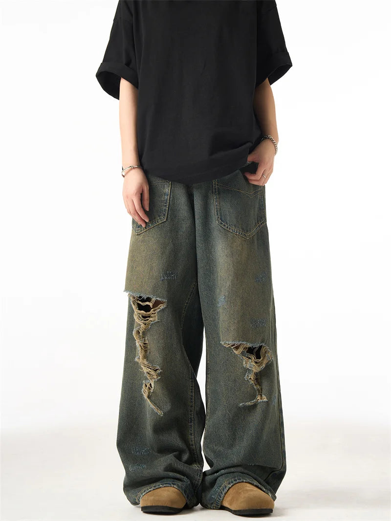 Spring American Retro Ripped Wide-leg Jeans For Men High Street Fashion Distressed Baggy Denim Pants 2025 New Casual Y2K Jean