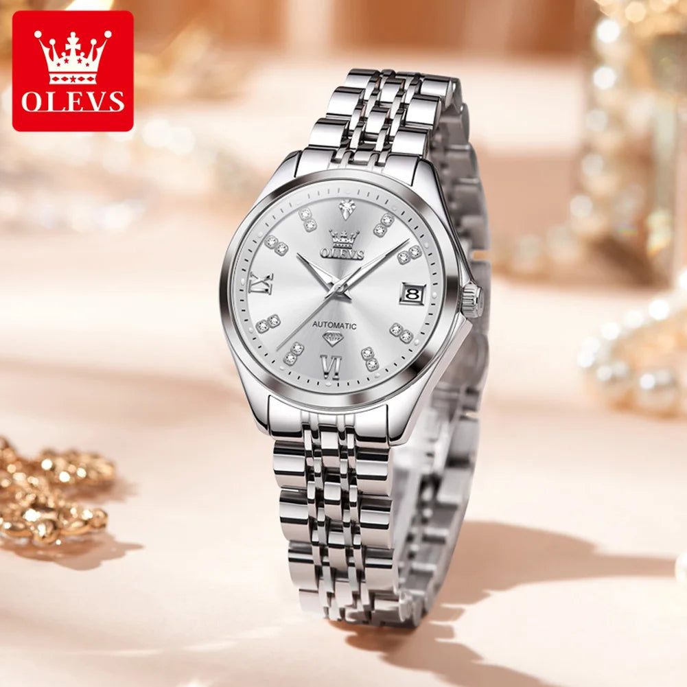 OLEVS 9801 Womens Watch Luxury Fashion Waterproof  Automatic Mechanical Watch Stainless Steel Diamond Date Ladies Watch Set