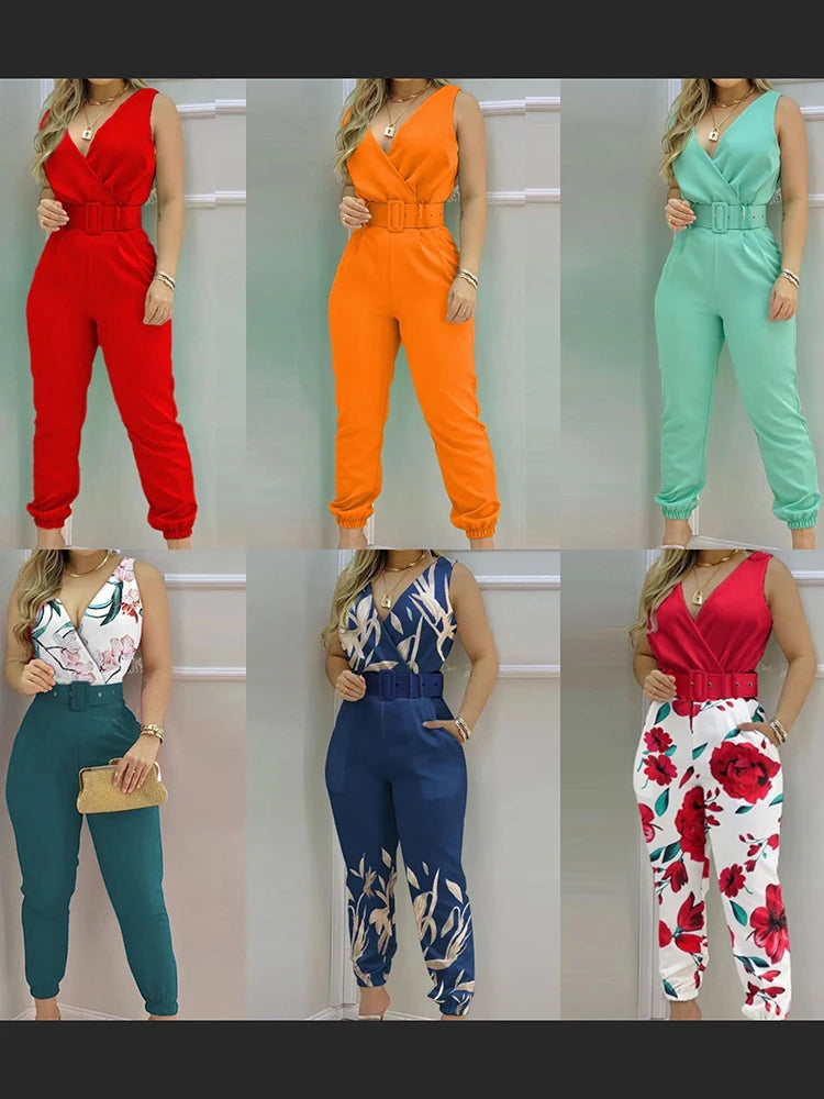 New Casual Women's Pants Women's V-neck Open Back Printed High Waist Jumpsuit Women (including Belt) Spring and Summer 2023