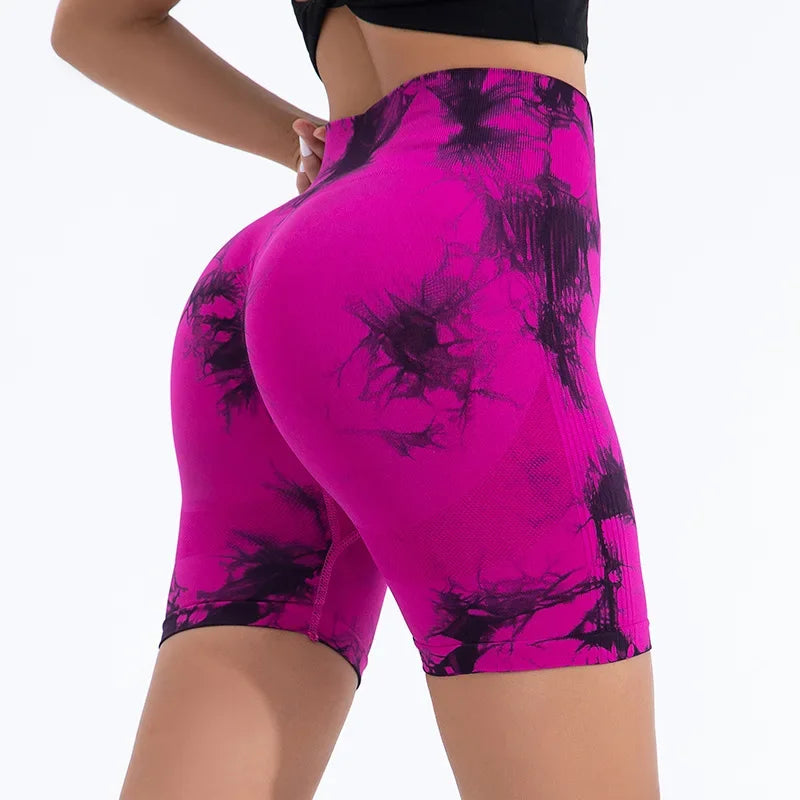 High Waist Yoga Shorts Women Seamless Push Up Shorts Gym Workout Running Shorts Tie Dye  Fashion Knit Slim Three Point Pants