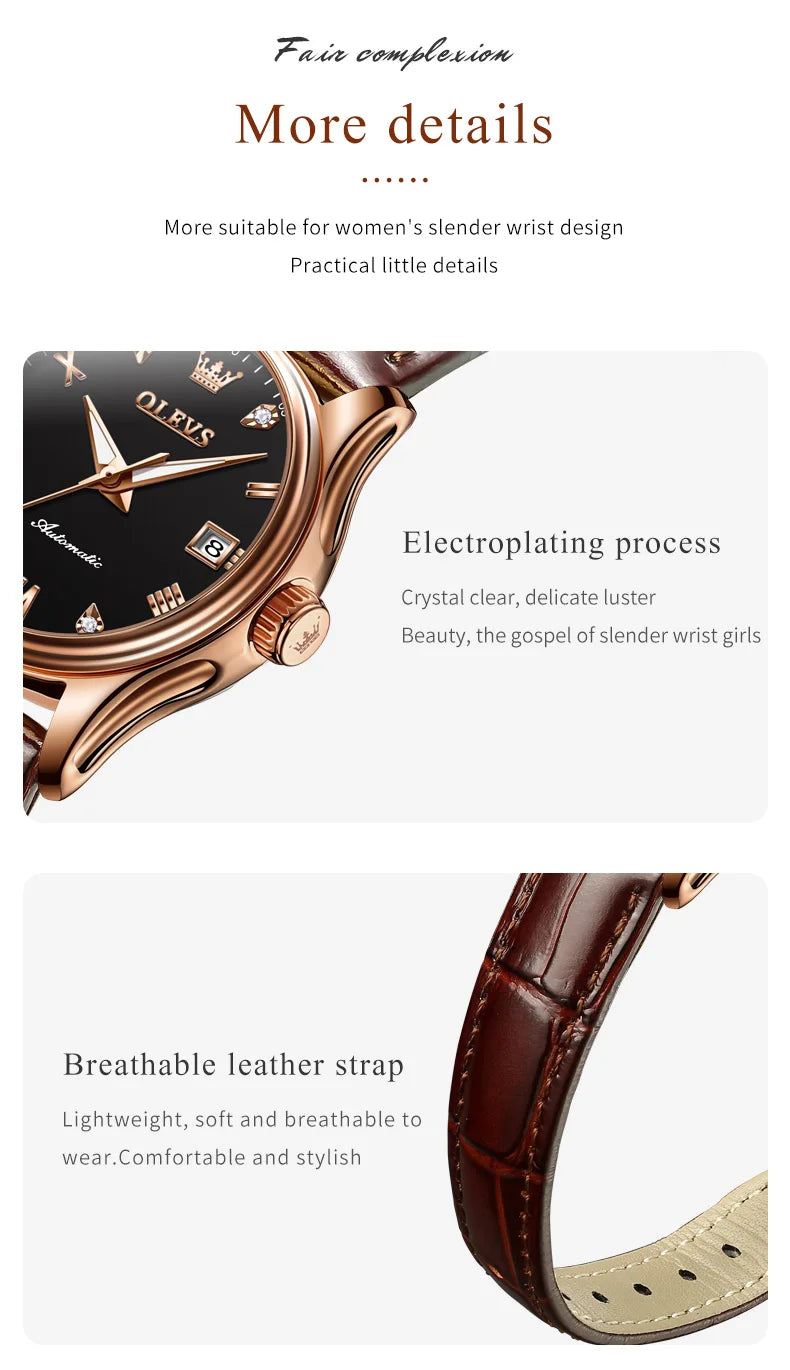 OLEVS 9932 Women's Automatic Mechanical Wristwatch Leather Strap Waterproof Dual Calendar Wristwatch Luxury Elegant Ladies Watch