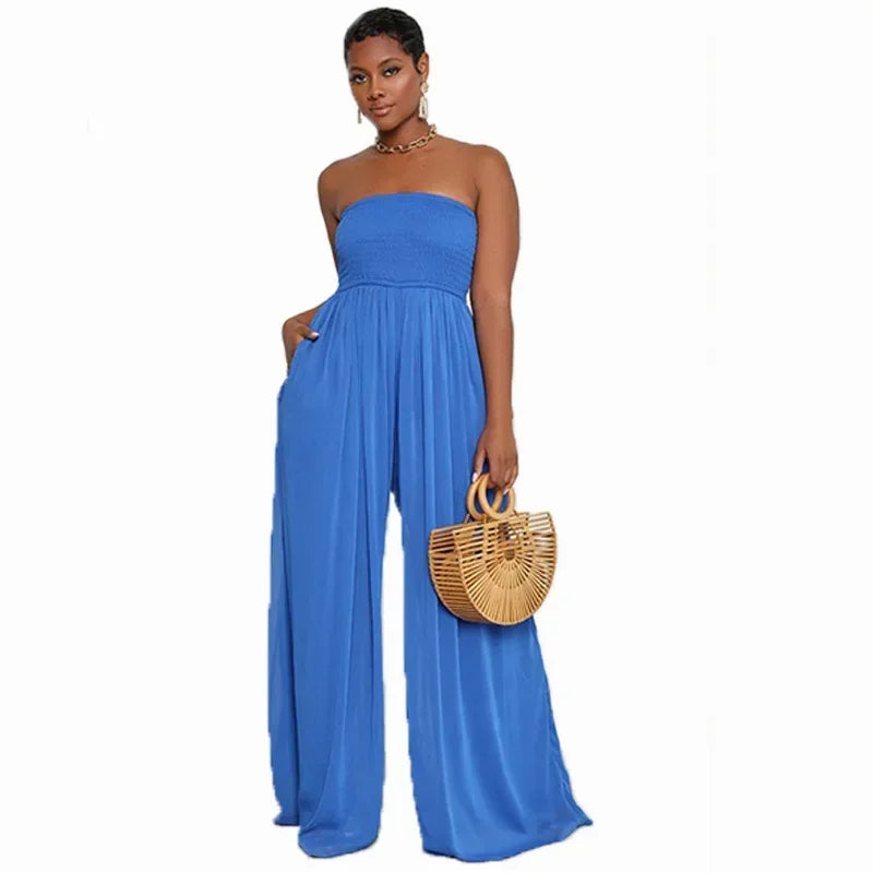 Women Strapless Sleeveless Long Loose Wide Leg Pants Overall Jumpsuits High Waist Solid Color Full Length Pants