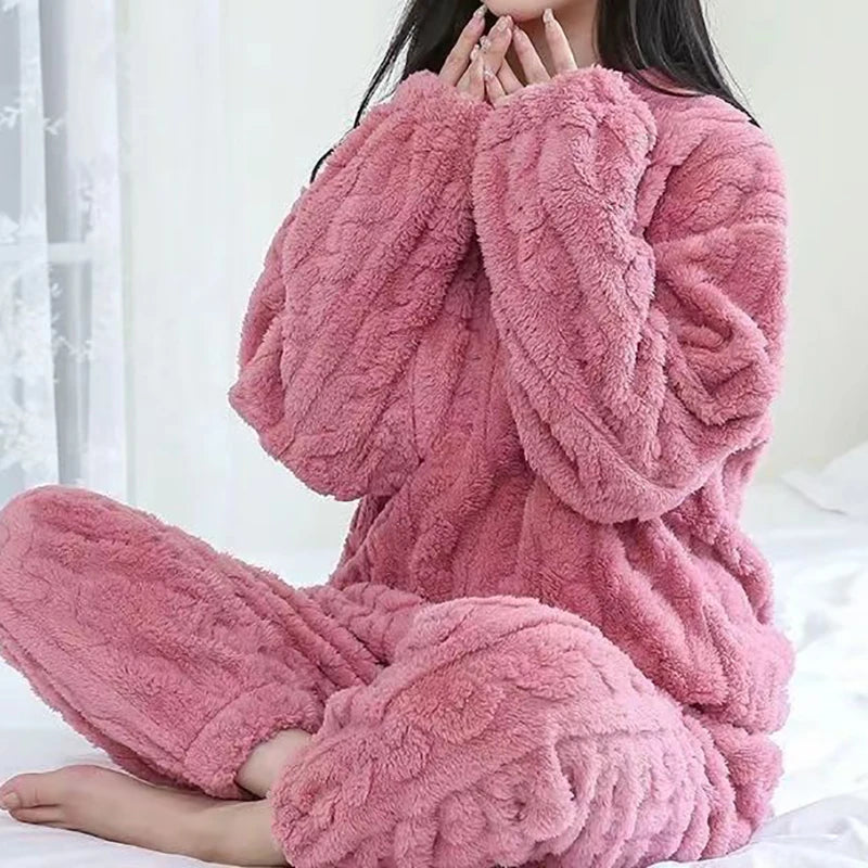 Autumn Women Solid Warm  Thicken Velvet Ribbed Fleece Set Pullover And Pants Women Casual Pajama Sets 2024