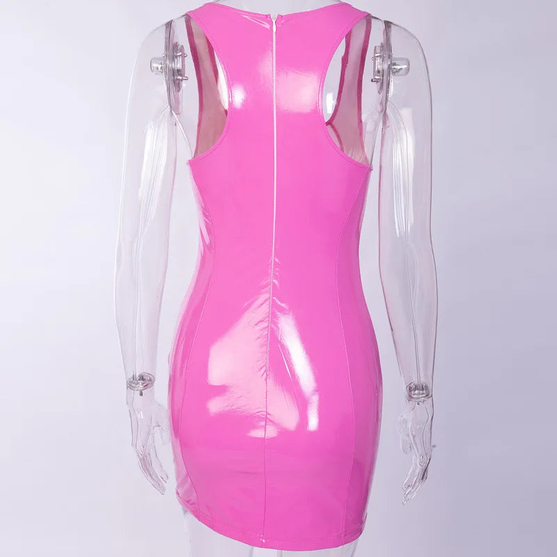 Sexy Pink PU Leather Bodycon Dress 2024 Summer Women Sleeveless Low Cut Back Zipper Elastic Mini Dress Party Club Dresses