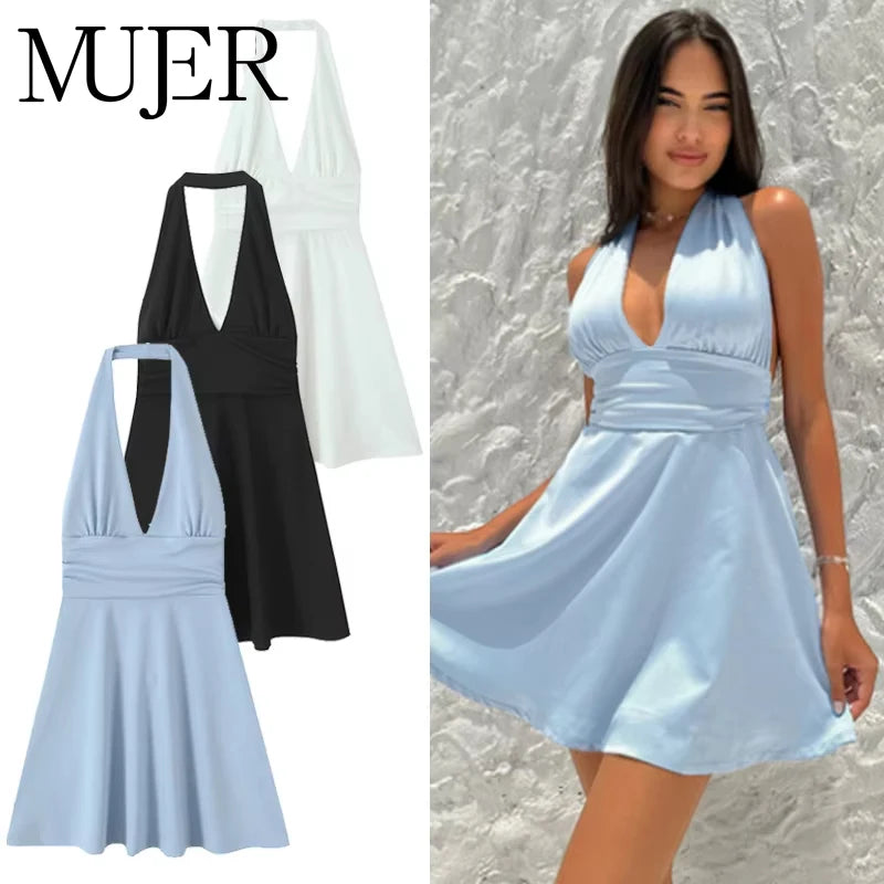 MUJER 2025 Halter Short Dresses for Women White Black Backless Womens Dresses Summer Party Mini Dress Women Beach Women's Dress